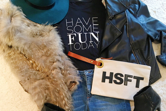Pair high/low fashion pieces like the HSFT luxe t-shirt with leather motorcycle jacket and flirty fur scarf for maximum style.