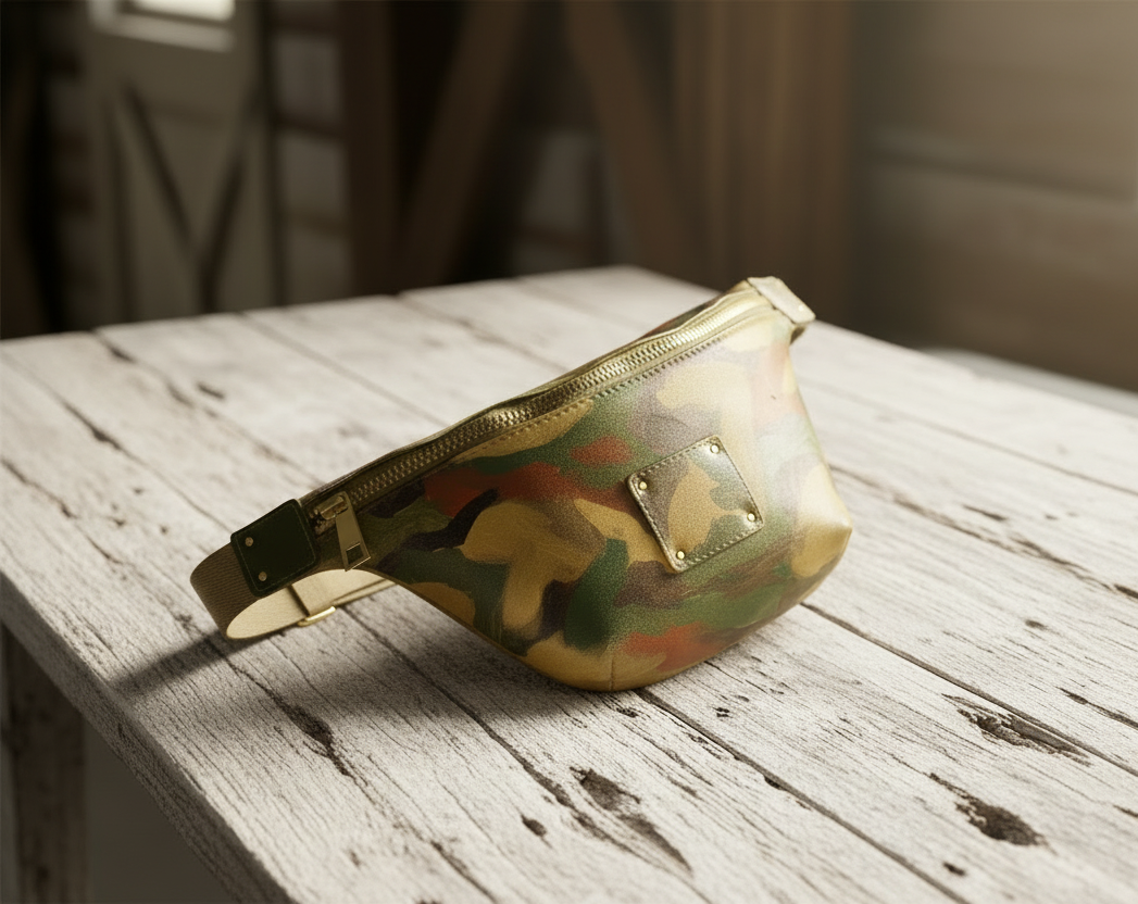 Camouflage-patterned fanny pack on a white background