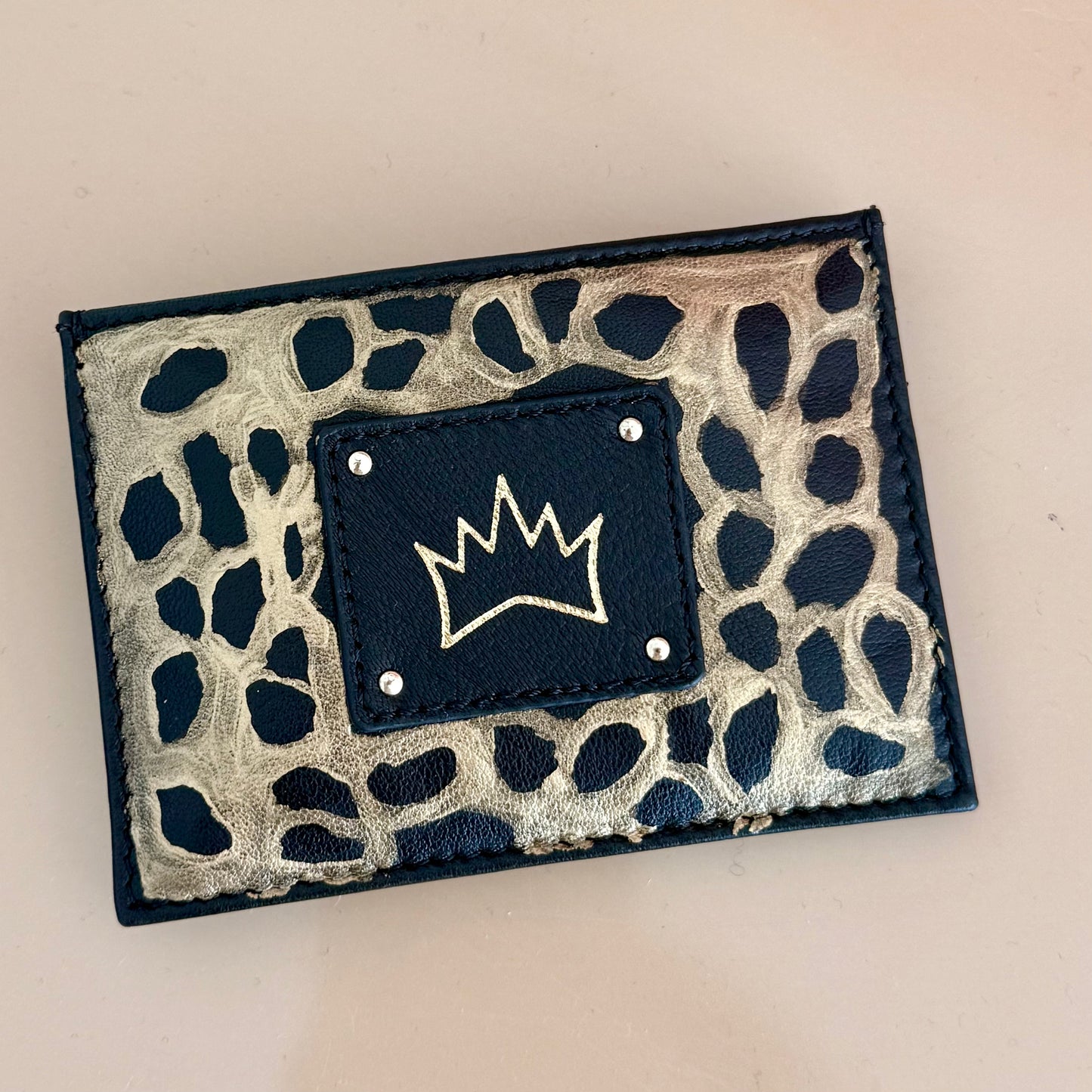 "One Collection" handpainted Card Case with Gold metallic Cheetah pattern By Stephanie Rado Taormina
