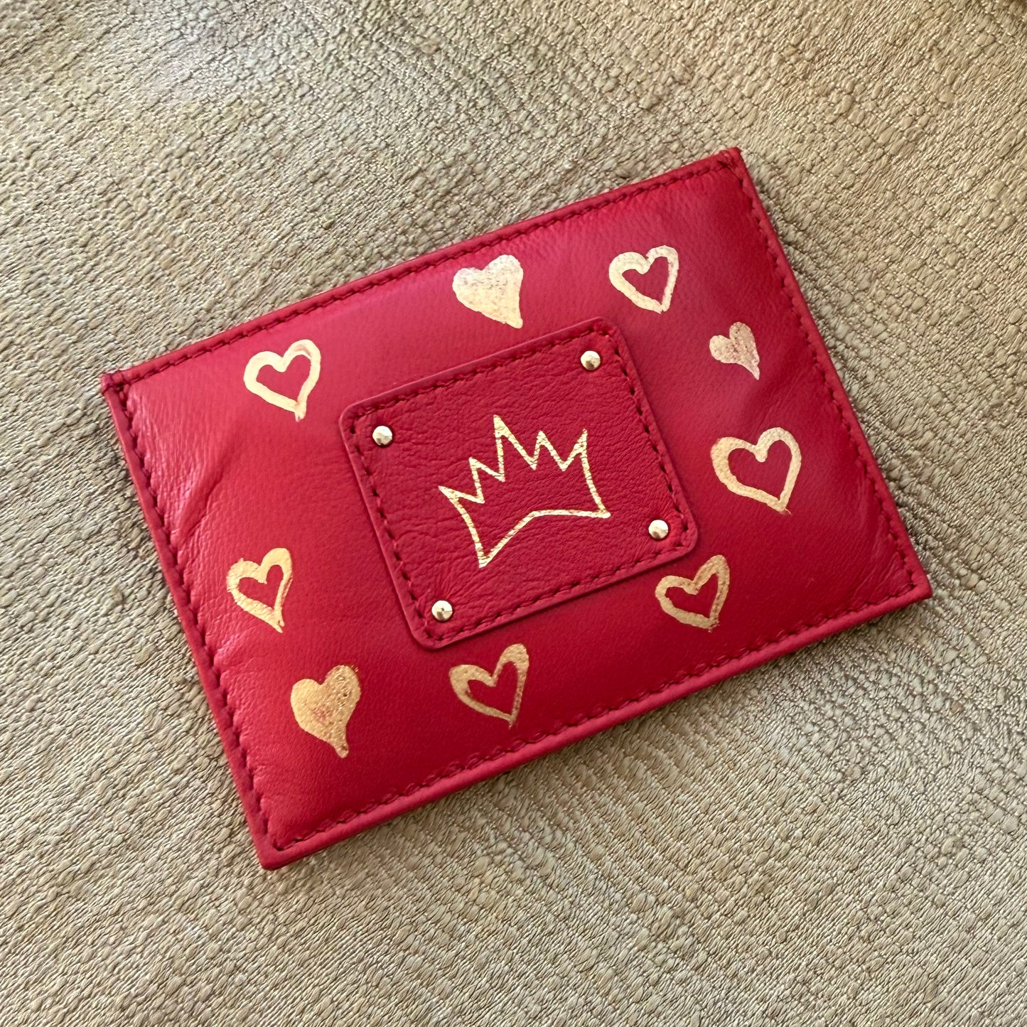 "One Collection" Handpainted Card Case with Gold Metallic Hearts By Stephanie Rado Taormina