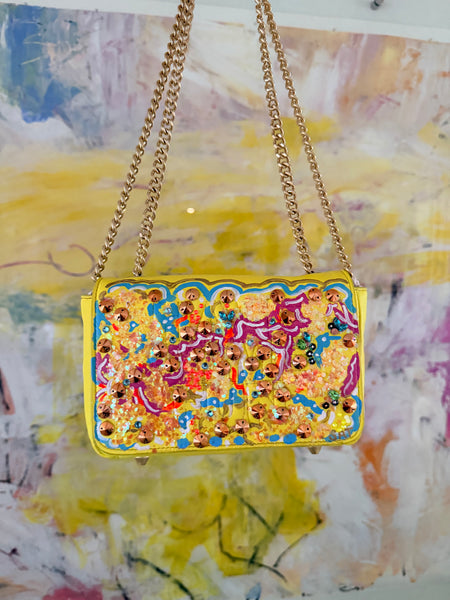The Yellow Abstract Beaded Art Bag hand painted by Stephanie Rado Taormina