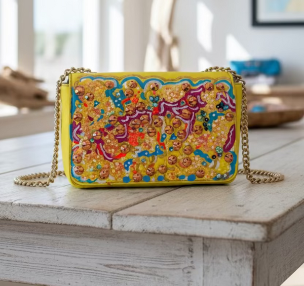 The Yellow Abstract Beaded Art Bag hand painted by Stephanie Rado Taormina