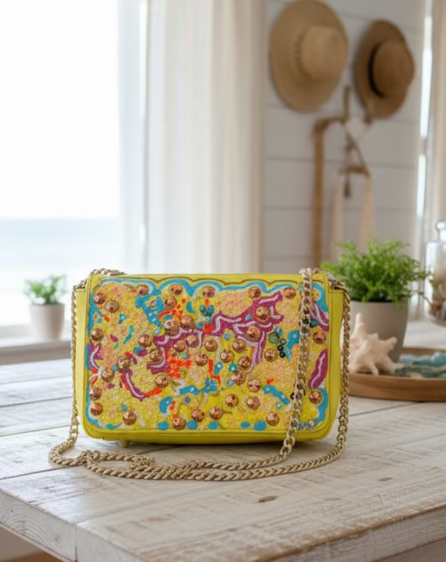 The Yellow Abstract Beaded Art Bag hand painted by Stephanie Rado Taormina