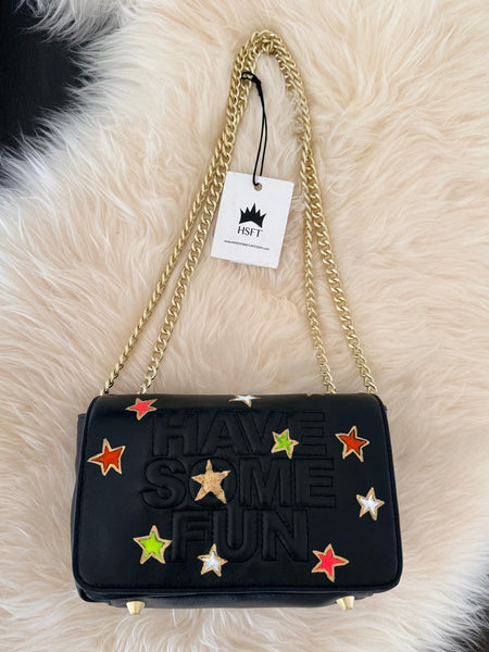 The Black Gabrielle Bag with Multi-Colored Neon Filled Gold Stars - hand painted by Stephanie Rado Taormina