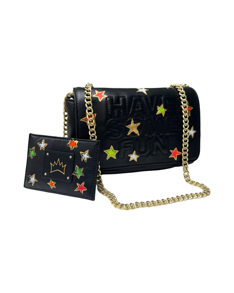 The Black Gabrielle Bag with Multi-Colored Neon Filled Gold Stars - hand painted by Stephanie Rado Taormina