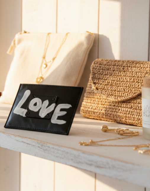 Black leather patch with 'LOVE' embroidered in white on a white background