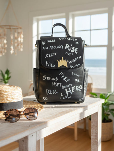 Person holding a black backpack with motivational phrases