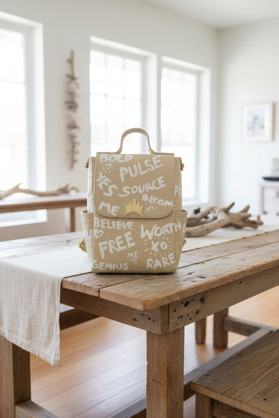 Woman holding a beige tote bag with text in a living room setting