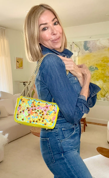 The Yellow Abstract Beaded Art Bag hand painted by Stephanie Rado Taormina