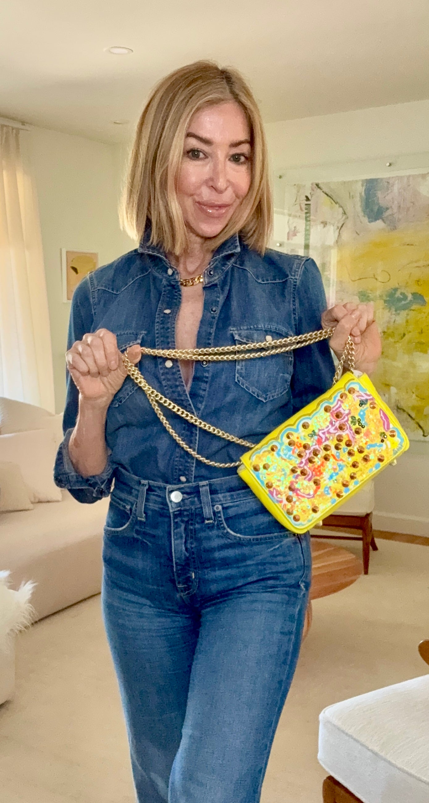 The Yellow Abstract Beaded Art Bag hand painted by Stephanie Rado Taormina
