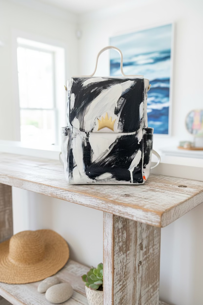 A hand-painted canvas backpack featuring a black and white abstract brushstroke pattern with a small gold crown emblem on the front pocket. The backpack has a white top handle and is displayed on a textured beige rug in front of a dark wooden panel.