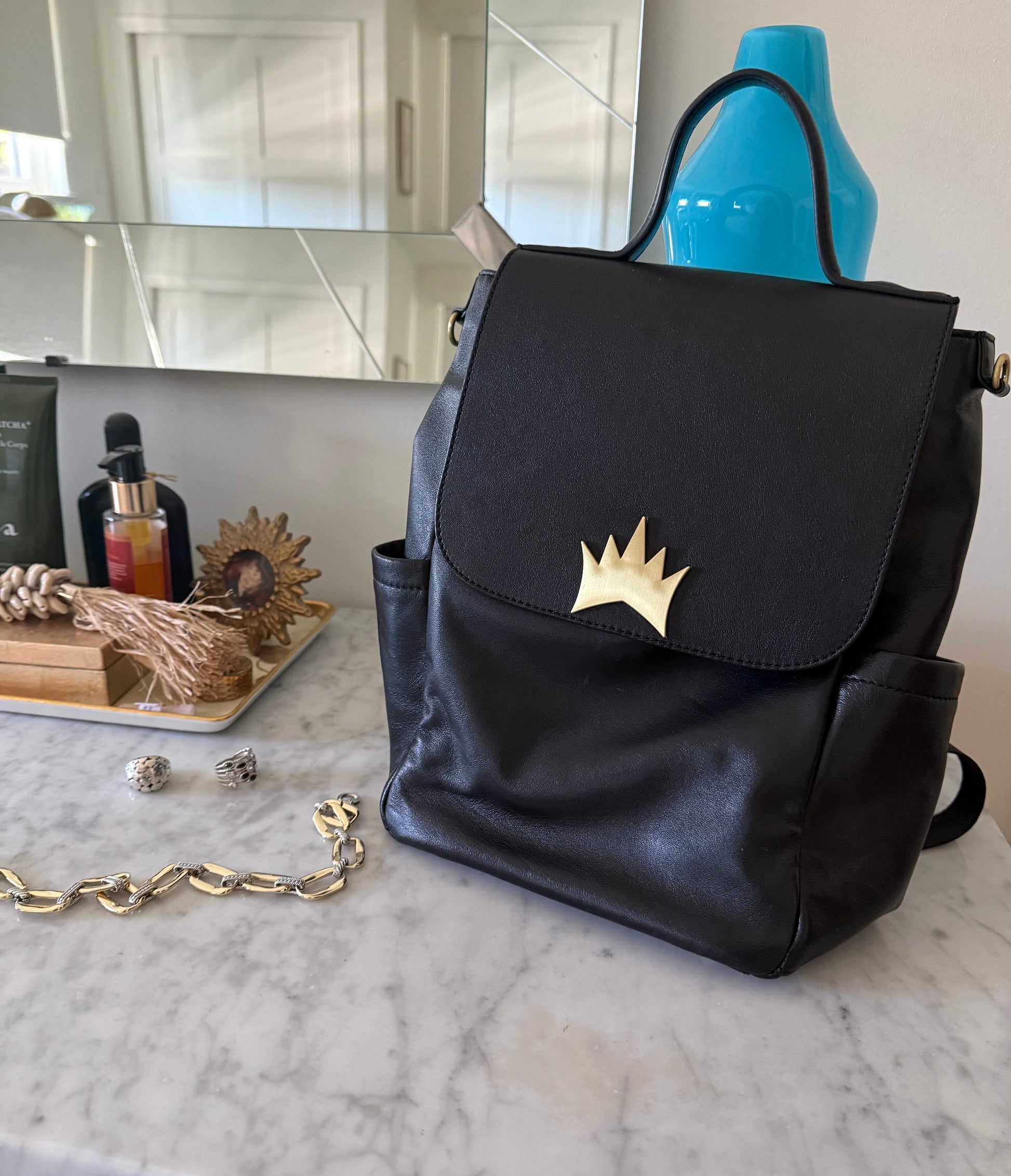 black leather backpack with gold zipper Crown Logo Backpack