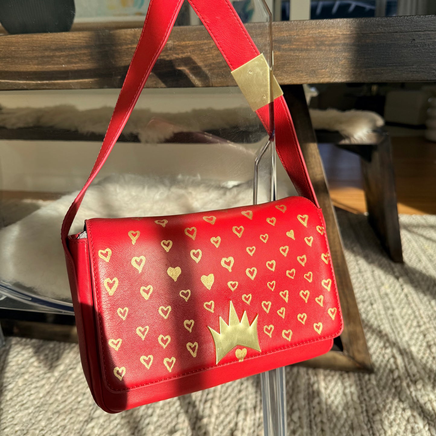 "One Collection Gold Hearts Hand Painted Allegra Bag By Stephanie Rado Taormina