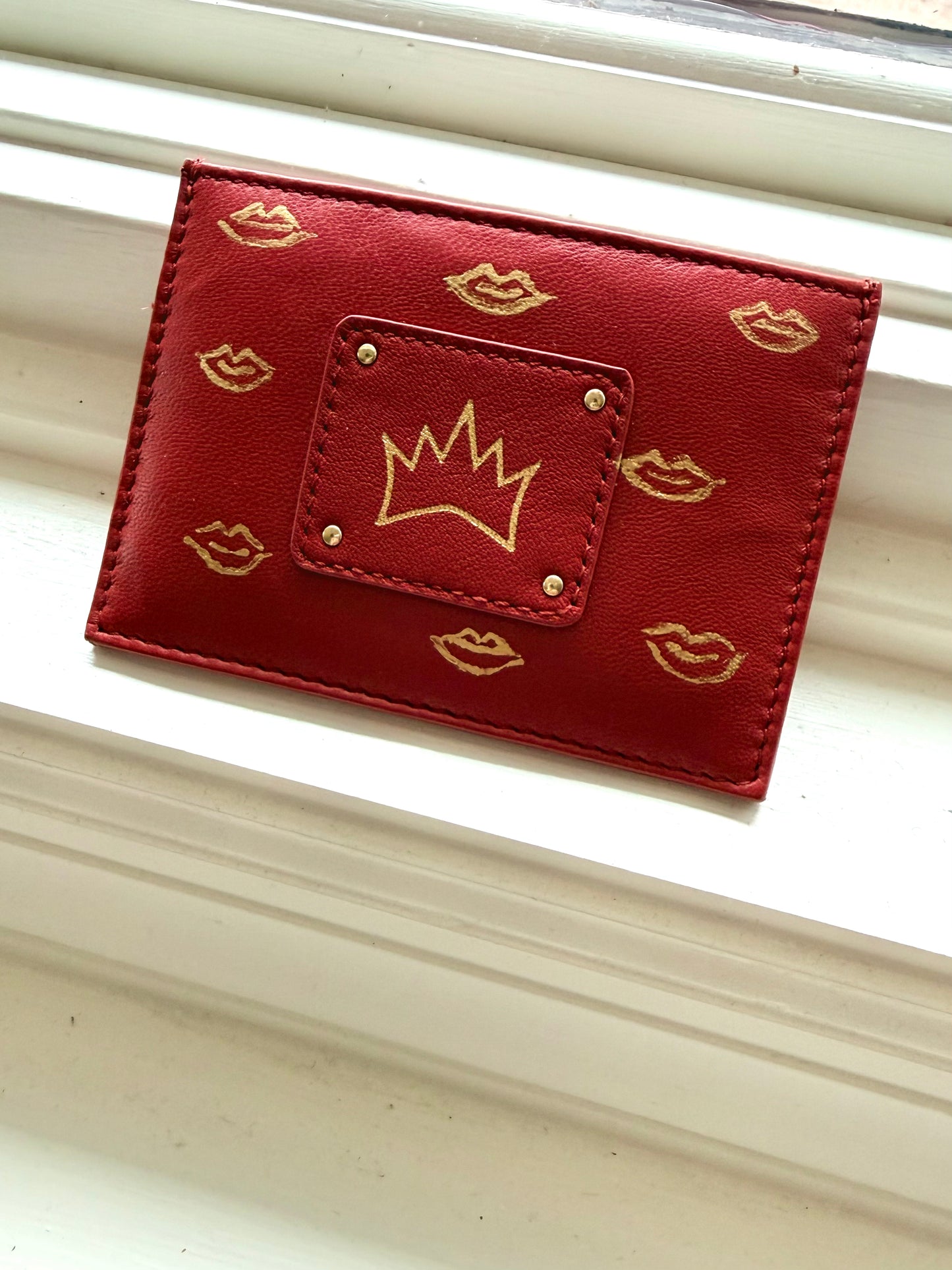 "One Collection" Handpainted  Card Case with Gold Metallic Lips  By Stephanie Rado Taormina