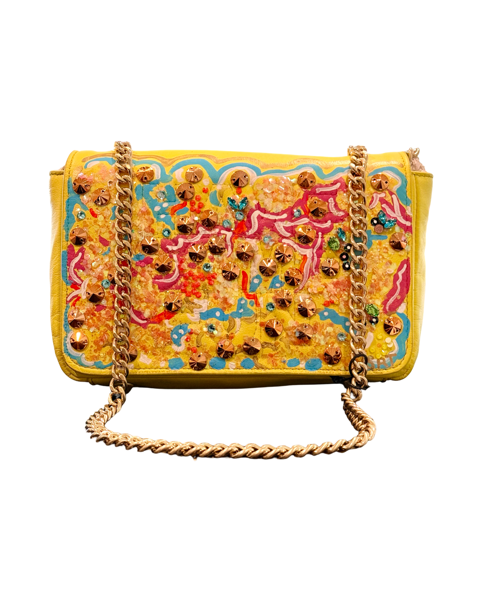 The Yellow Abstract Beaded Art Bag  hand painted by Stephanie Rado Taormina