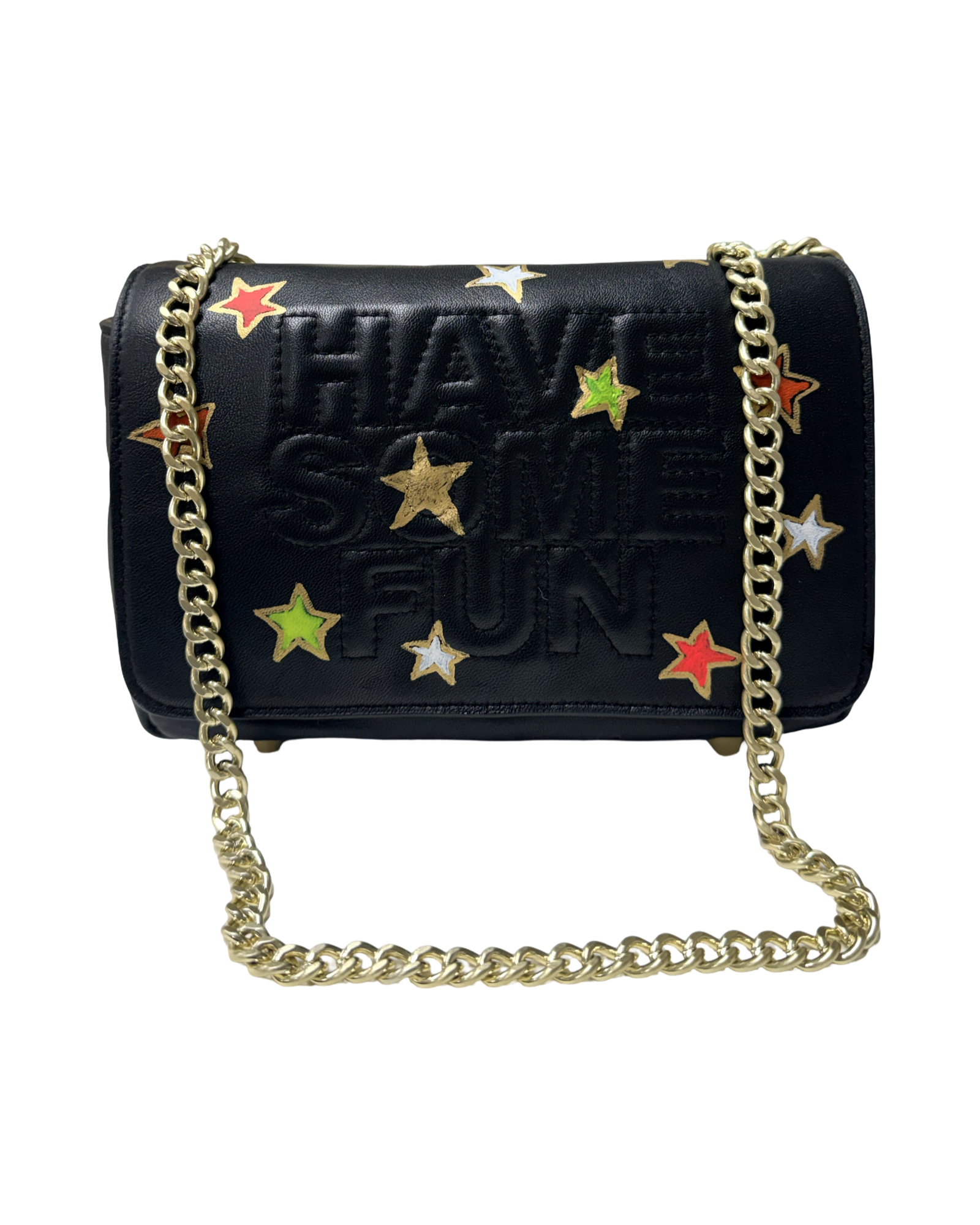 The Black Gabrielle Bag with Multi-Colored Neon Filled Gold Stars  - hand painted by Stephanie Rado Taormina