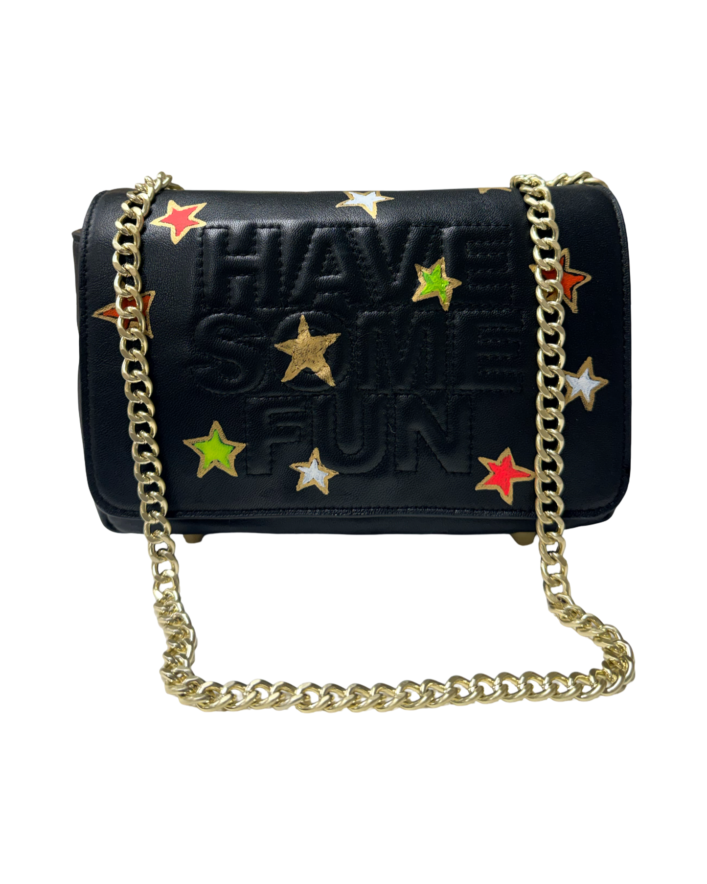 The Black Gabrielle Bag with Multi-Colored Neon Filled Gold Stars  - hand painted by Stephanie Rado Taormina