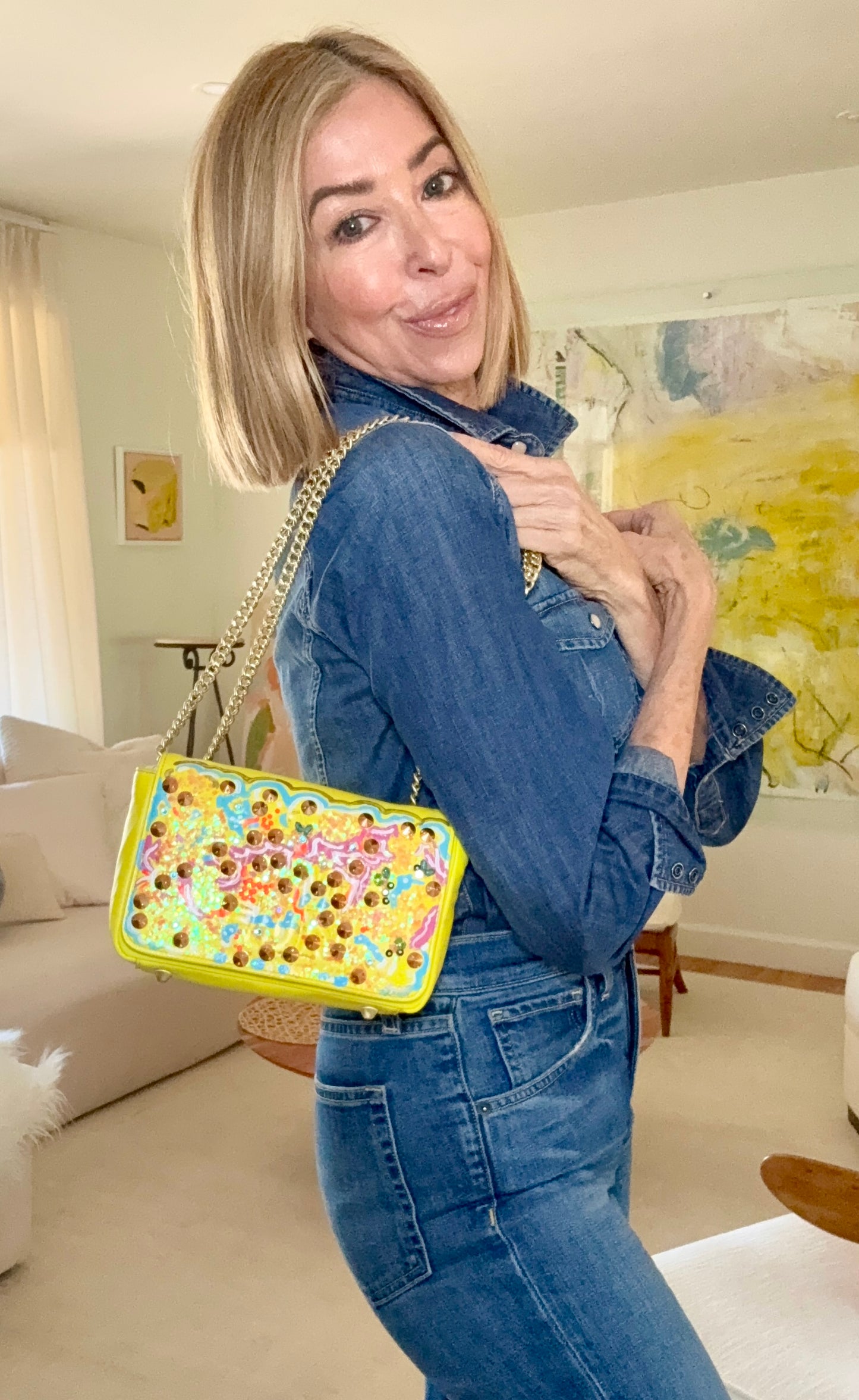 The Yellow Abstract Beaded Art Bag  hand painted by Stephanie Rado Taormina