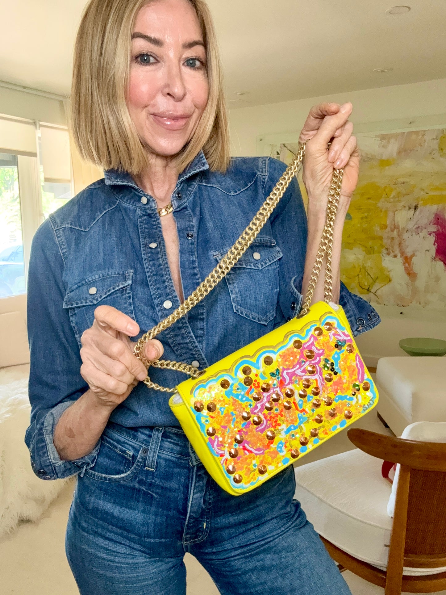 The Yellow Abstract Beaded Art Bag  hand painted by Stephanie Rado Taormina